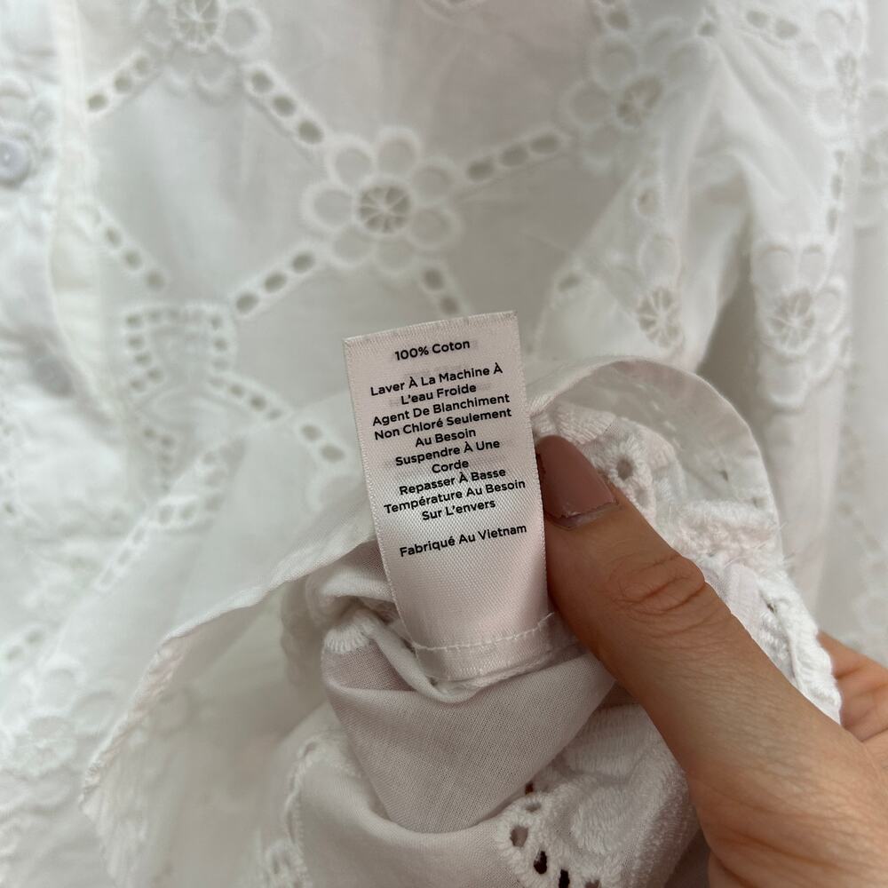 Talbots White Floral Eyelet Partial Button Neck C… - image 7